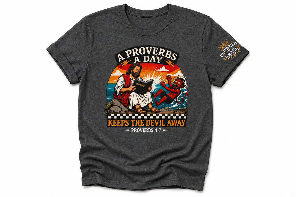 A Proverbs A Day Keeps The Devil Away Shirt | Christian Graphic Tee | Faith Based Streetwear | Proverbs 4:7 Tee | Crowned By Grace