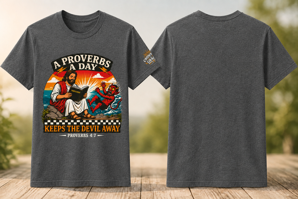 A Proverbs A Day Keeps The Devil Away Shirt | Christian Graphic Tee | Faith Based Streetwear | Proverbs 4:7 Tee | Crowned By Grace