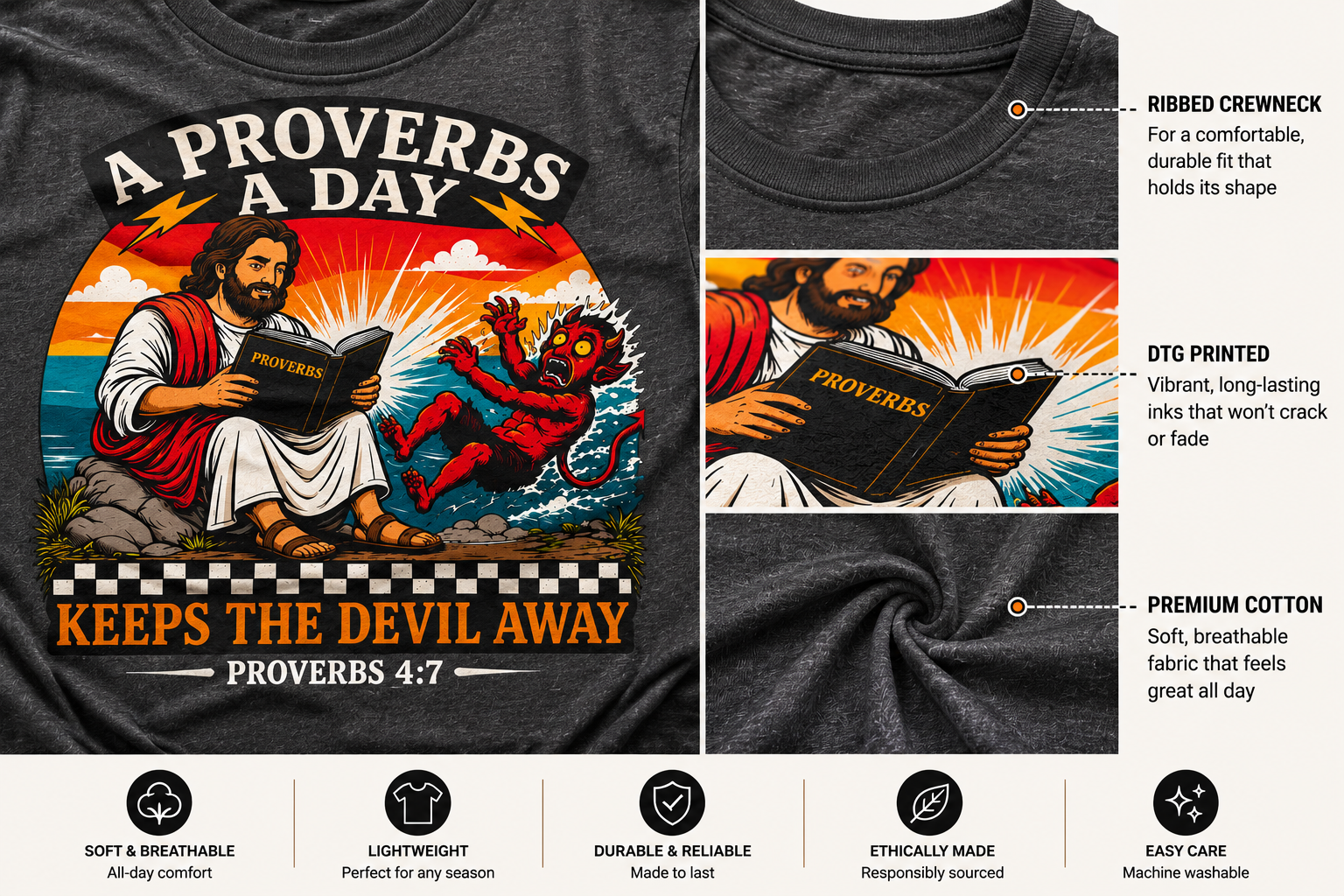 A Proverbs A Day Keeps The Devil Away Shirt | Christian Graphic Tee | Faith Based Streetwear | Proverbs 4:7 Tee | Crowned By Grace