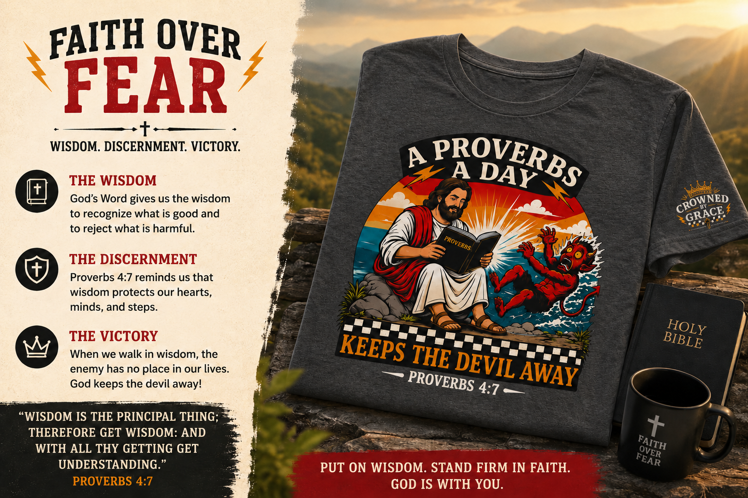 A Proverbs A Day Keeps The Devil Away Shirt | Christian Graphic Tee | Faith Based Streetwear | Proverbs 4:7 Tee | Crowned By Grace