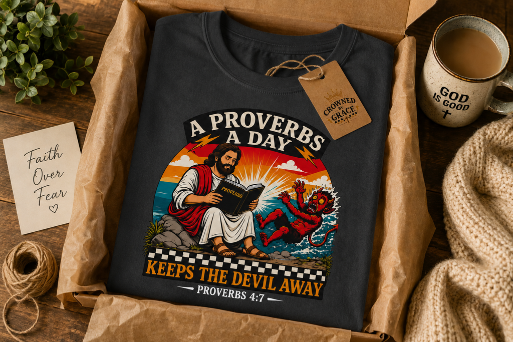 A Proverbs A Day Keeps The Devil Away Shirt | Christian Graphic Tee | Faith Based Streetwear | Proverbs 4:7 Tee | Crowned By Grace