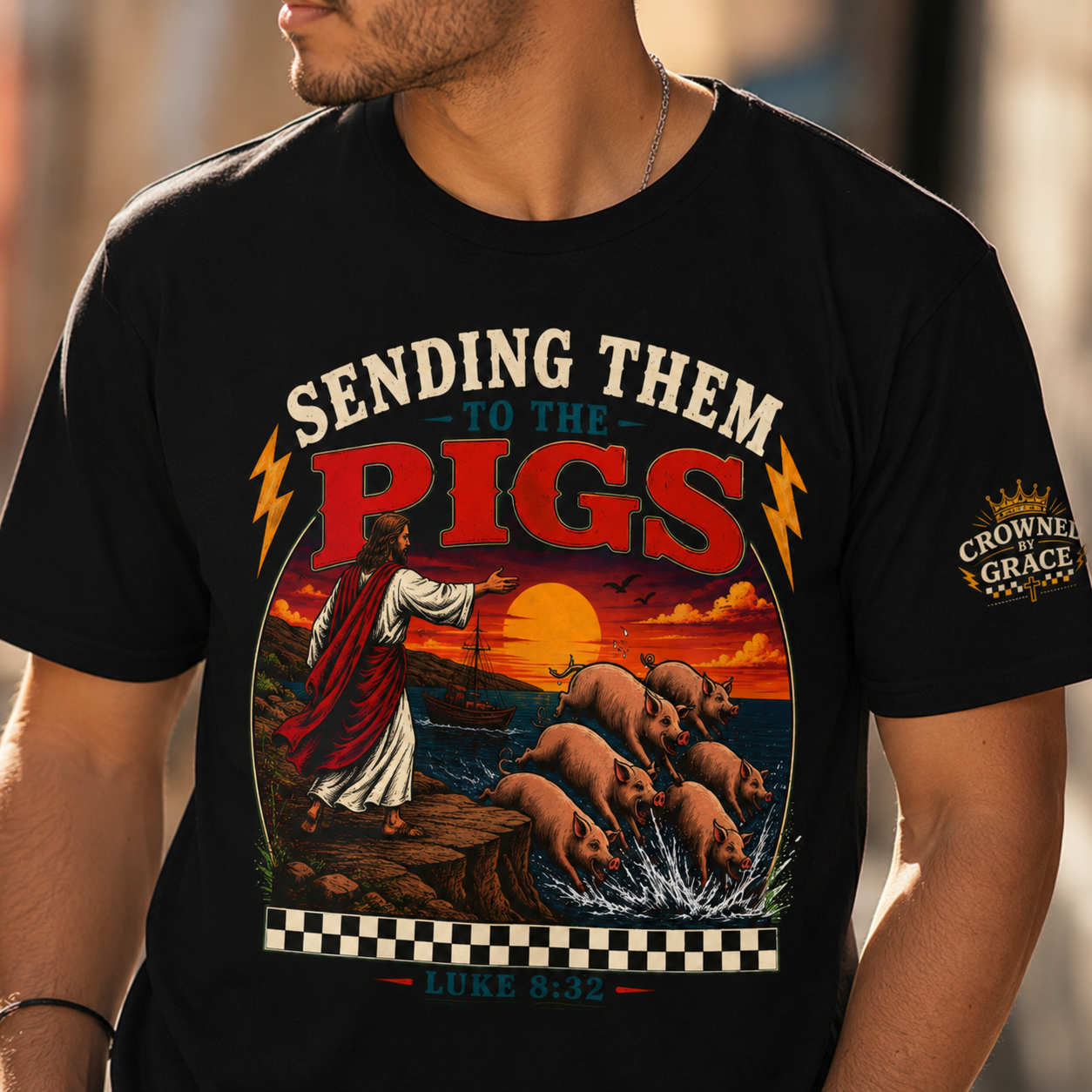 Sending Them to the Pigs Shirt | Luke 8:32 Christian Graphic Tee | Faith Streetwear Shirt | Bella Canvas 3001 | Crowned by Grace