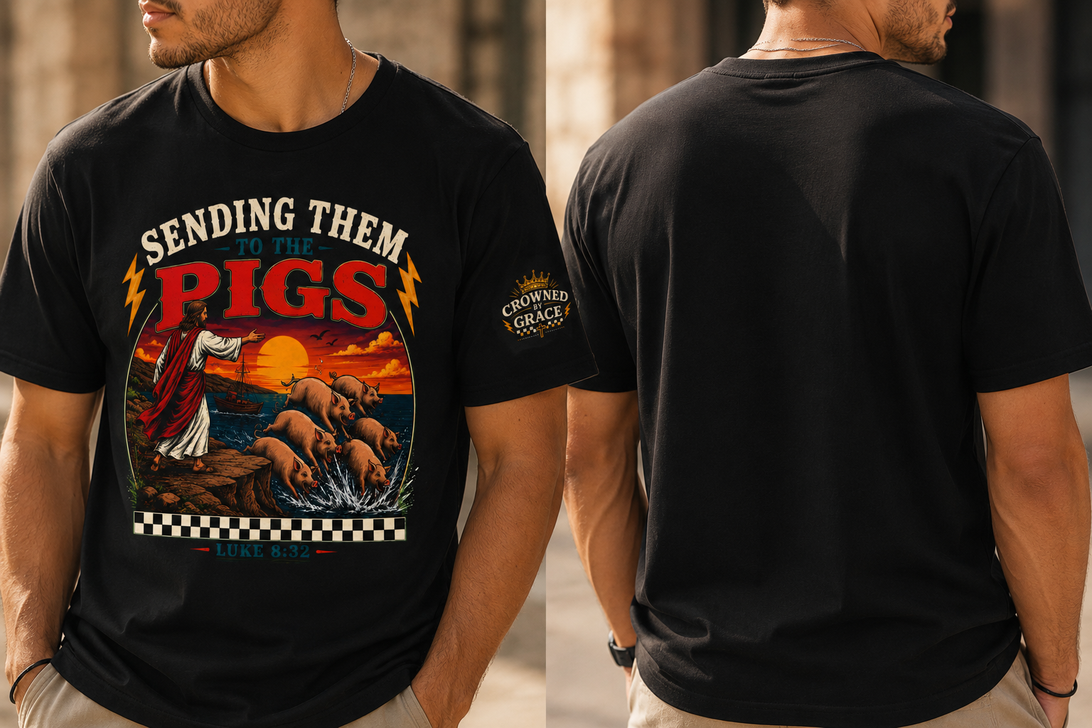 Sending Them to the Pigs Shirt | Luke 8:32 Christian Graphic Tee | Faith Streetwear Shirt | Bella Canvas 3001 | Crowned by Grace