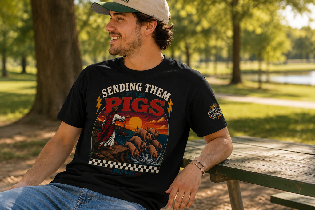 Sending Them to the Pigs Shirt | Luke 8:32 Christian Graphic Tee | Faith Streetwear Shirt | Bella Canvas 3001 | Crowned by Grace
