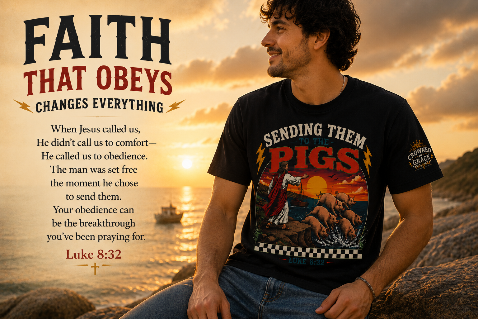 Sending Them to the Pigs Shirt | Luke 8:32 Christian Graphic Tee | Faith Streetwear Shirt | Bella Canvas 3001 | Crowned by Grace