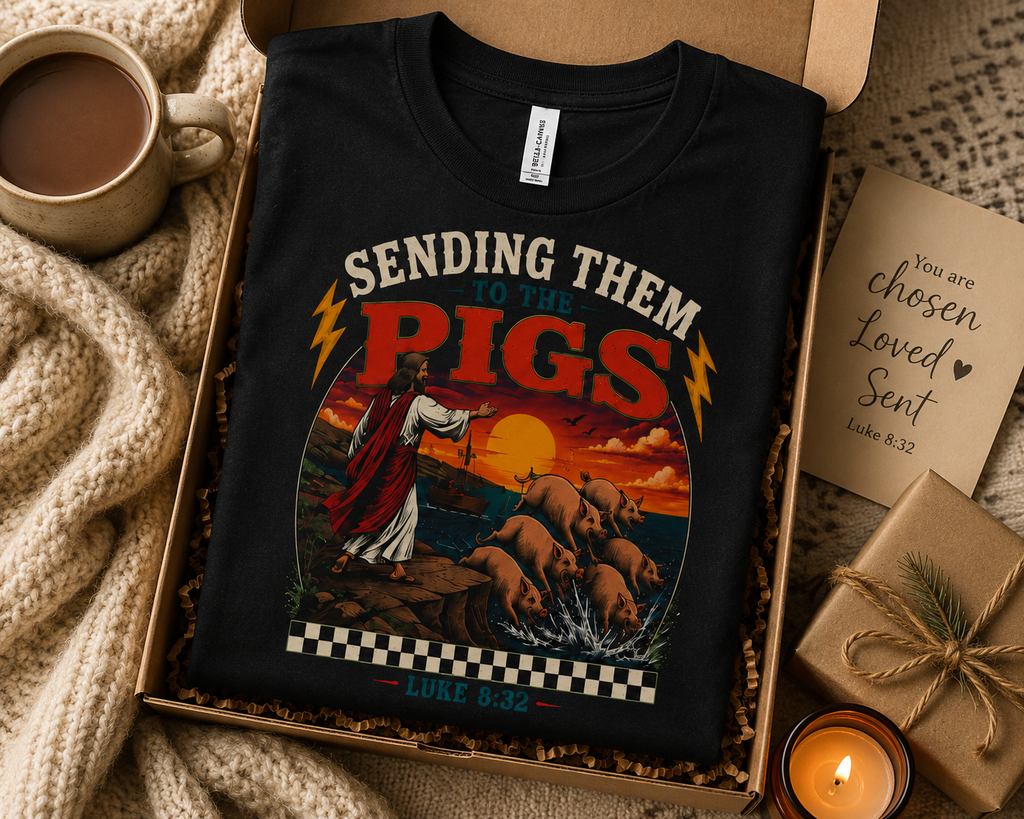 Sending Them to the Pigs Shirt | Luke 8:32 Christian Graphic Tee | Faith Streetwear Shirt | Bella Canvas 3001 | Crowned by Grace