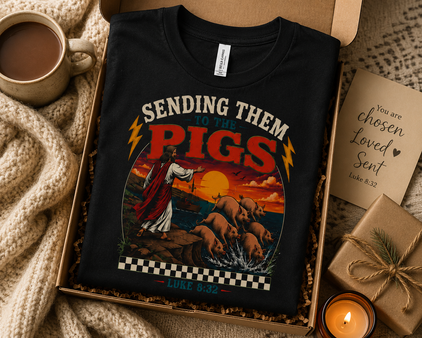 Sending Them to the Pigs Shirt | Luke 8:32 Christian Graphic Tee | Faith Streetwear Shirt | Bella Canvas 3001 | Crowned by Grace