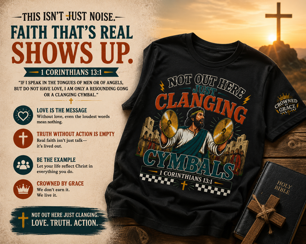 Not Out Here Just Clanging Cymbals Shirt | 1 Corinthians 13:1 Christian Graphic Tee | Faith Streetwear by Crowned By Grace