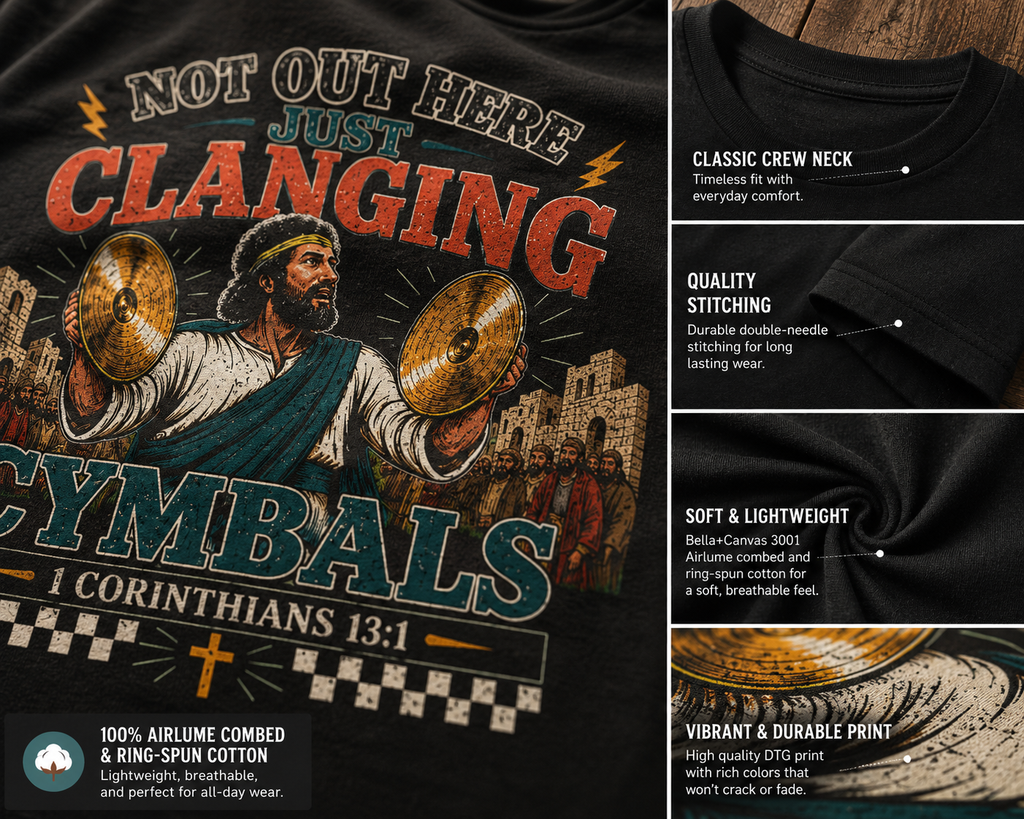Not Out Here Just Clanging Cymbals Shirt | 1 Corinthians 13:1 Christian Graphic Tee | Faith Streetwear by Crowned By Grace