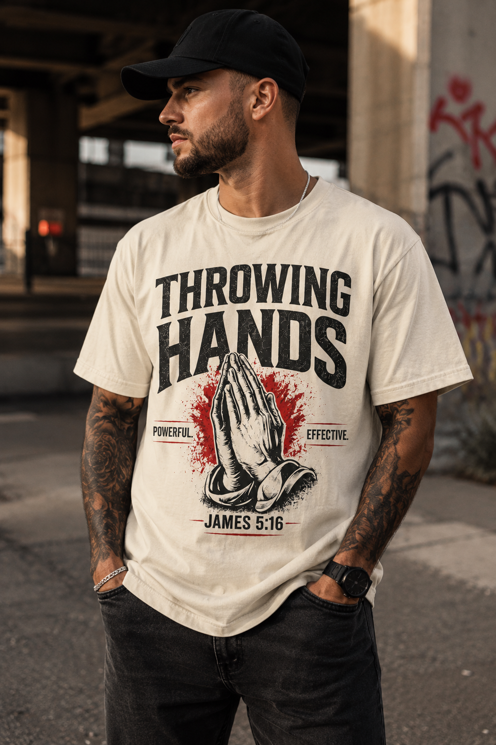 Throwing Hands Prayer Shirt Premium | James 5:16 Christian Tee | Powerful Effective Prayer Shirt | Faith Streetwear by Crowned by Grace