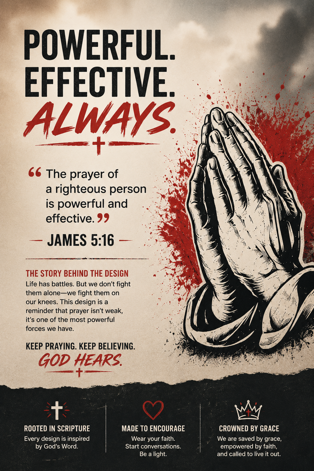 Throwing Hands Prayer Shirt Premium | James 5:16 Christian Tee | Powerful Effective Prayer Shirt | Faith Streetwear by Crowned by Grace