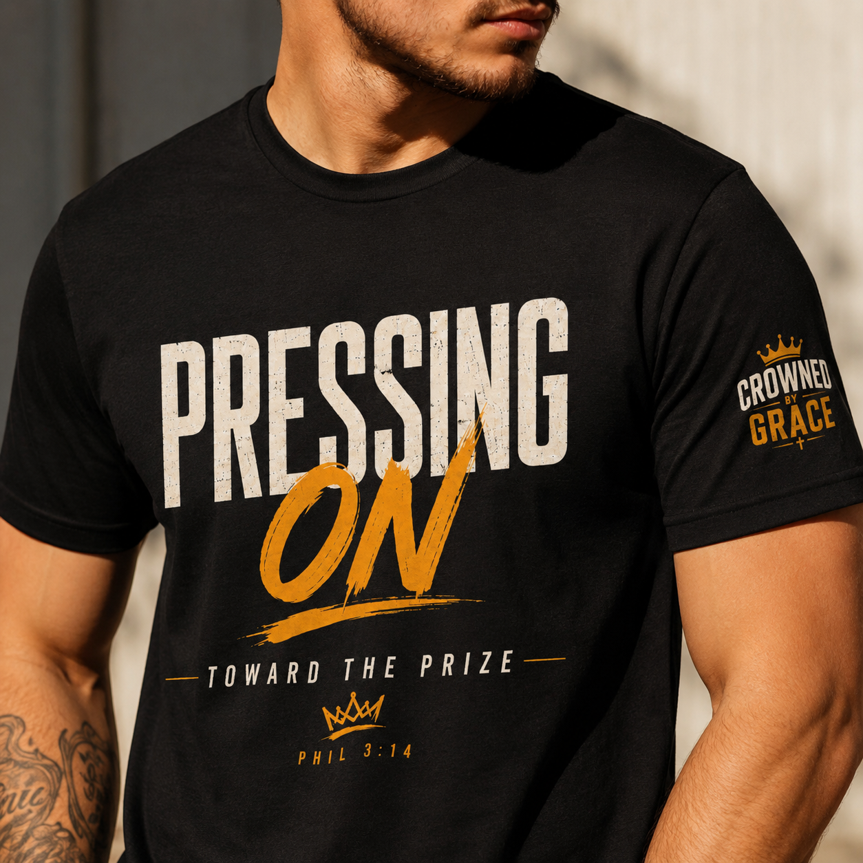 Christian Streetwear Shirt Pressing On Toward The Prize Tee Philippians 3:14 Faith Graphic T Shirt Crowned By Grace