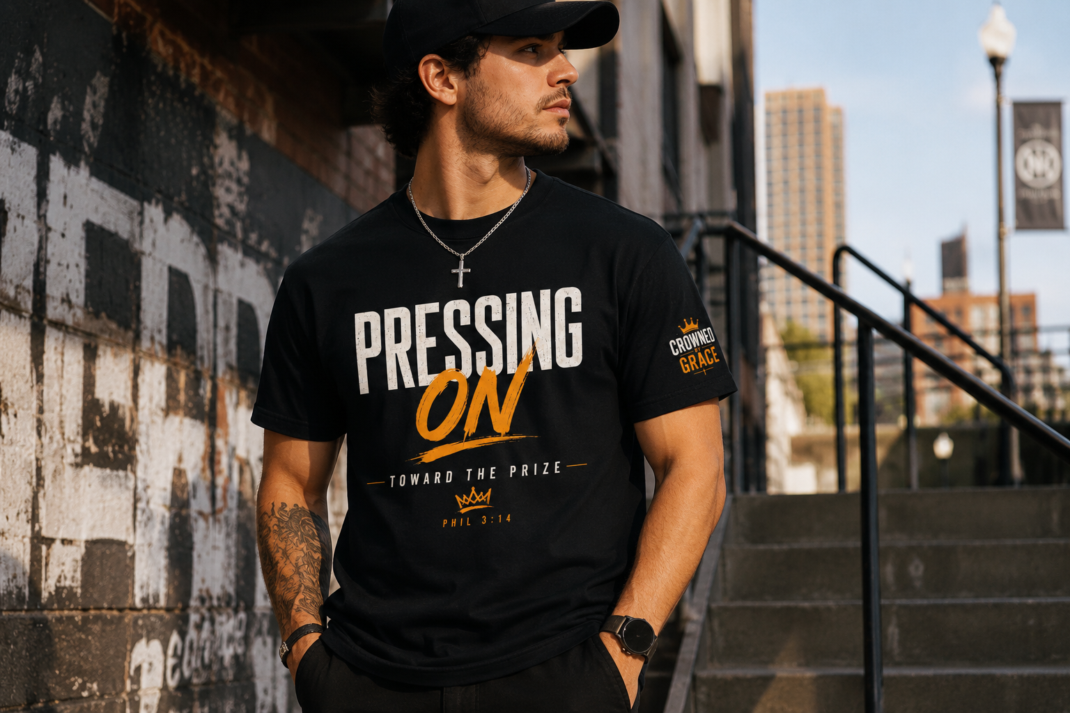 Christian Streetwear Shirt Pressing On Toward The Prize Tee Philippians 3:14 Faith Graphic T Shirt Crowned By Grace