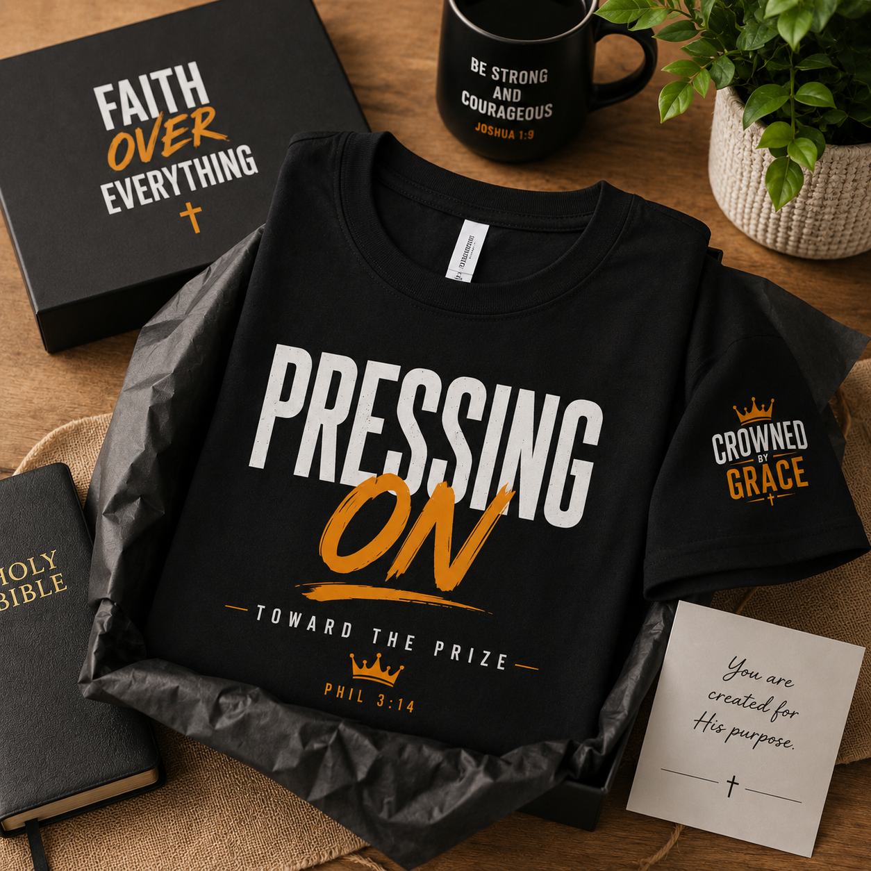 Christian Streetwear Shirt Pressing On Toward The Prize Tee Philippians 3:14 Faith Graphic T Shirt Crowned By Grace