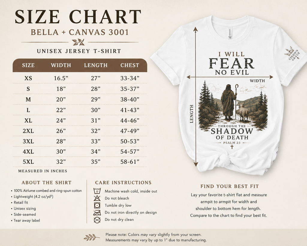Psalm 23 Christian Shirt – “I Will Fear No Evil” Faith Tee | Christian Graphic Tee | Bella Canvas 3001 | Christian Streetwear | Crowned By Grace