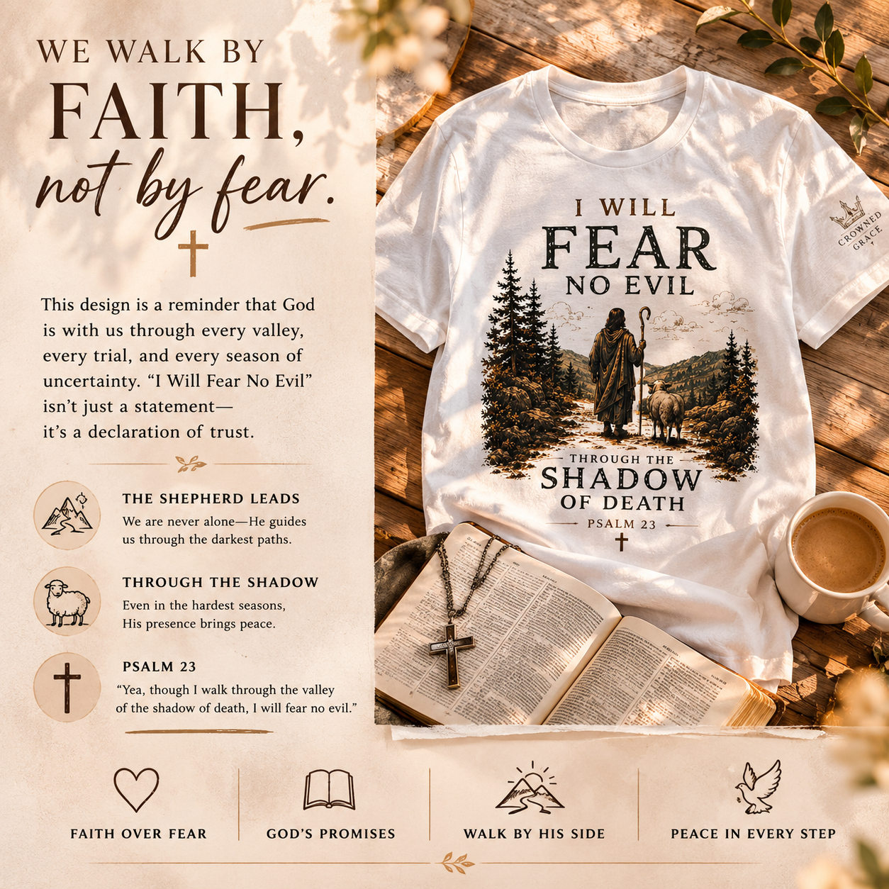 Psalm 23 Christian Shirt – “I Will Fear No Evil” Faith Tee | Christian Graphic Tee | Bella Canvas 3001 | Christian Streetwear | Crowned By Grace