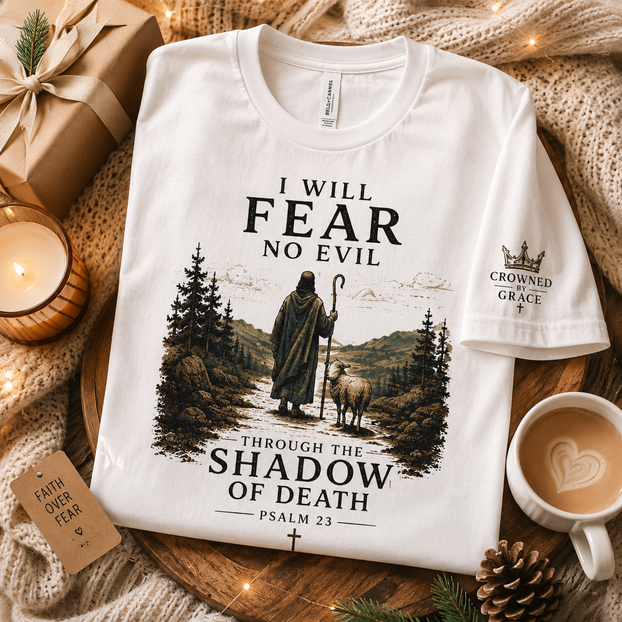 Psalm 23 Christian Shirt – “I Will Fear No Evil” Faith Tee | Christian Graphic Tee | Bella Canvas 3001 | Christian Streetwear | Crowned By Grace