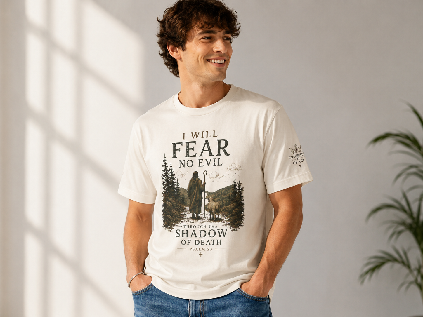 Psalm 23 Christian Shirt – “I Will Fear No Evil” Faith Tee | Christian Graphic Tee | Bella Canvas 3001 | Christian Streetwear | Crowned By Grace