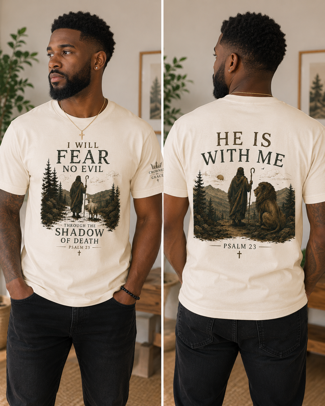Psalm 23 Christian Shirt – “I Will Fear No Evil” Faith Tee | Christian Graphic Tee | Bella Canvas 3001 | Christian Streetwear | Crowned By Grace