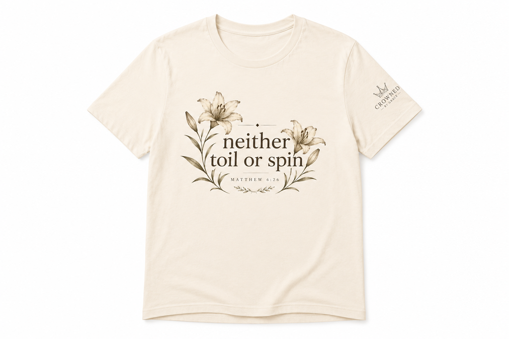 Neither Toil Nor Spin – Matthew 6:26 Christian Floral Tee | Faith-Based Bella+Canvas Shirt | Crowned By Grace