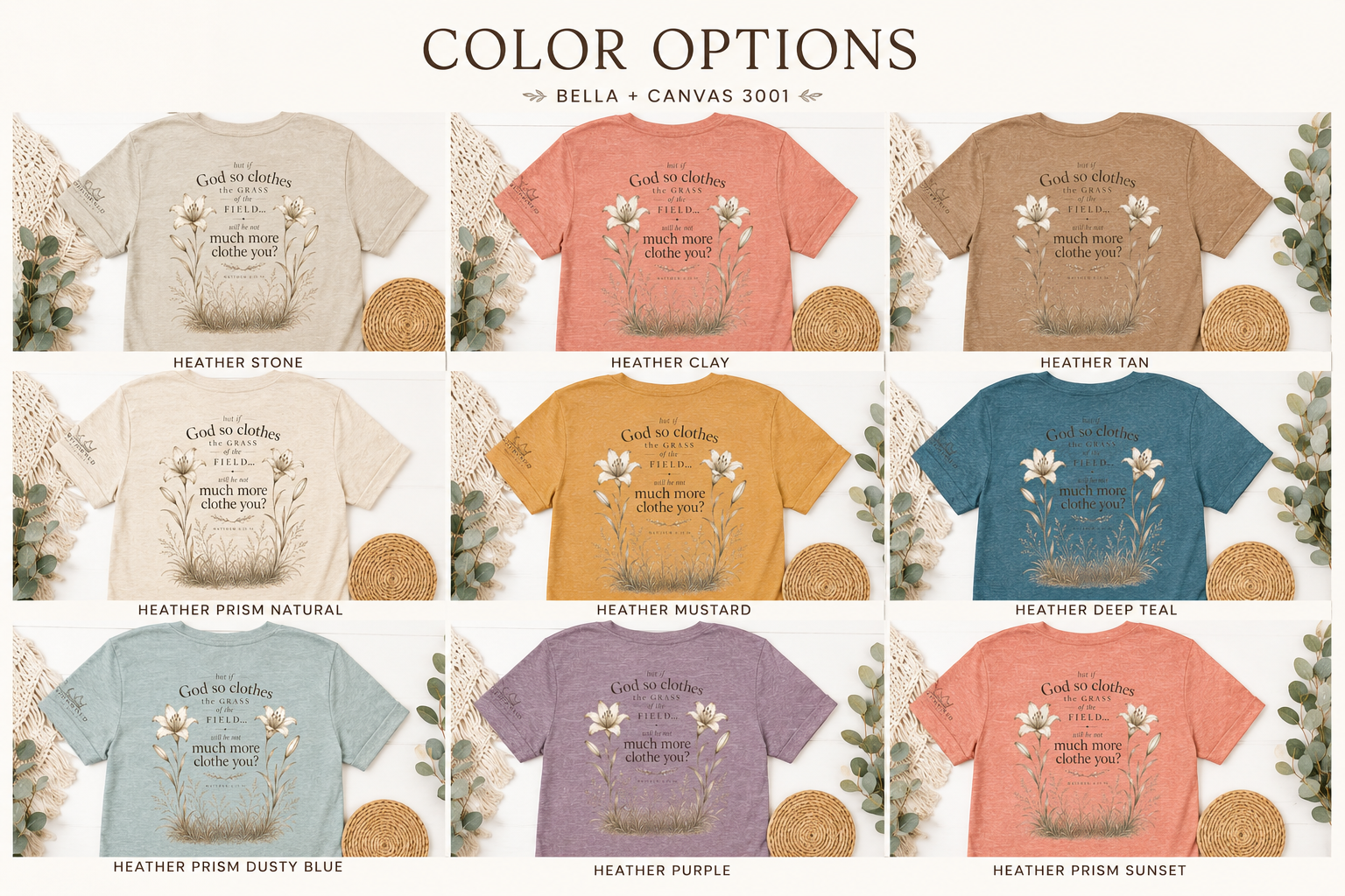 Neither Toil Nor Spin – Matthew 6:26 Christian Floral Tee | Faith-Based Bella+Canvas Shirt | Crowned By Grace