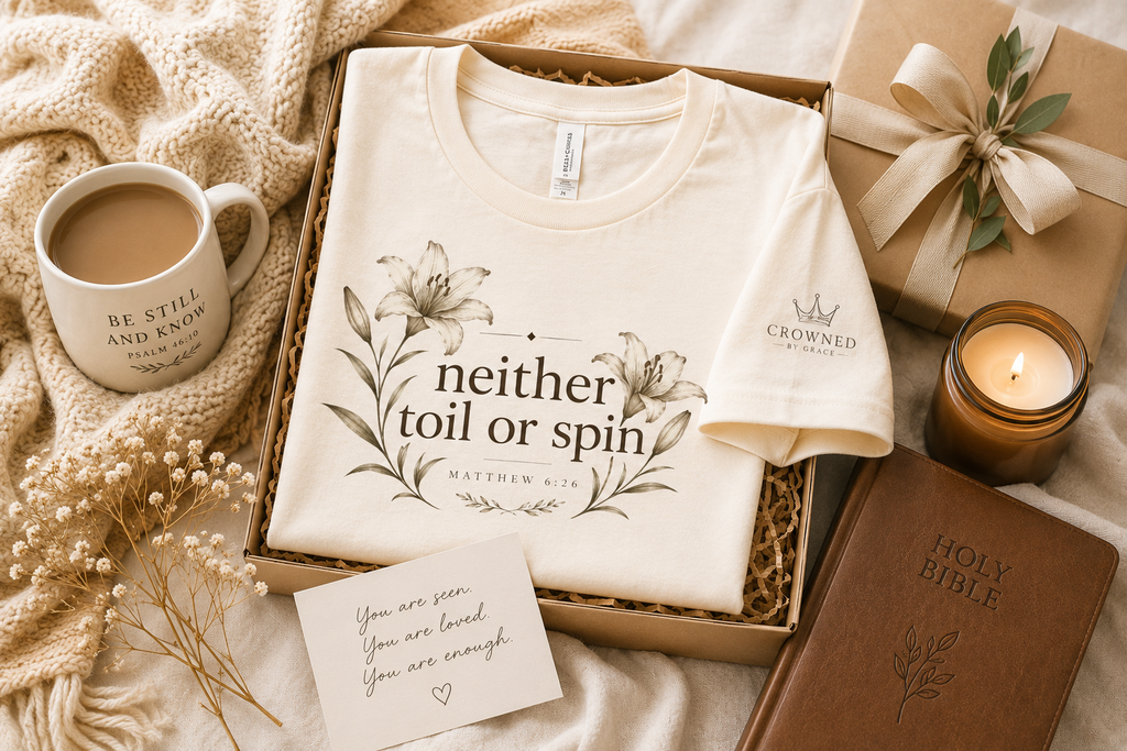 Neither Toil Nor Spin – Matthew 6:26 Christian Floral Tee | Faith-Based Bella+Canvas Shirt | Crowned By Grace
