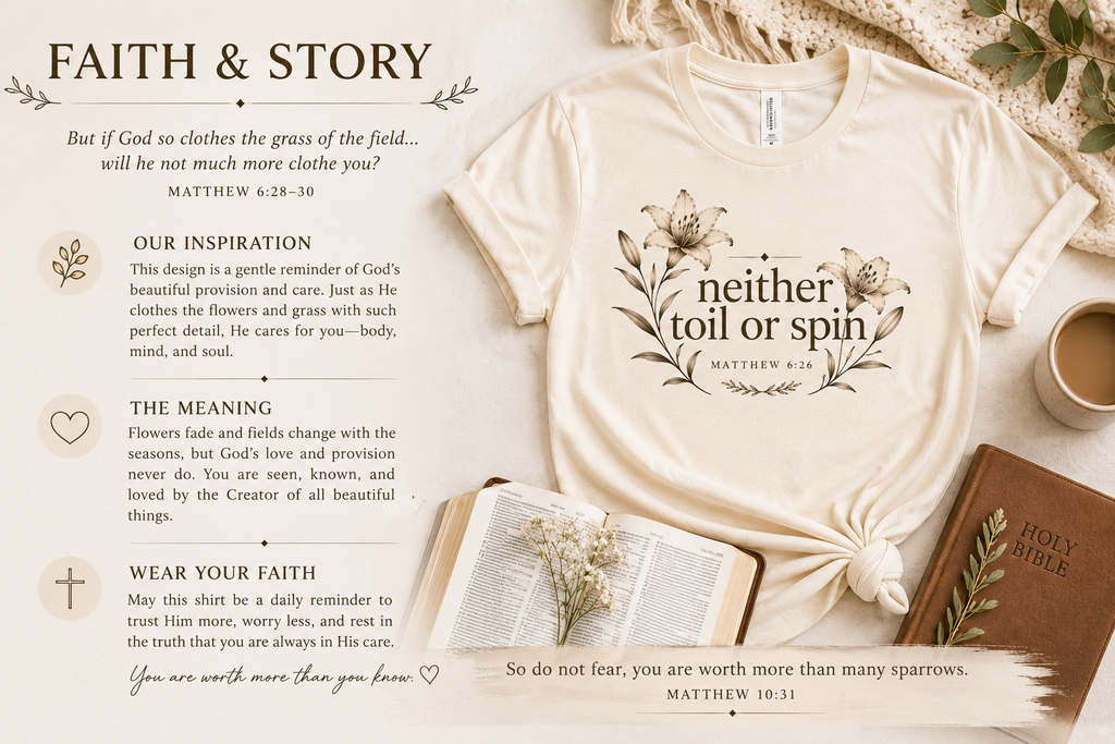 Neither Toil Nor Spin – Matthew 6:26 Christian Floral Tee | Faith-Based Bella+Canvas Shirt | Crowned By Grace