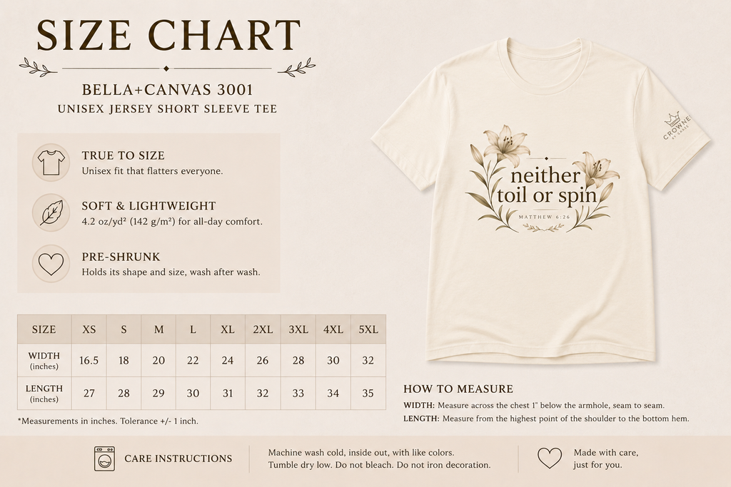 Neither Toil Nor Spin – Matthew 6:26 Christian Floral Tee | Faith-Based Bella+Canvas Shirt | Crowned By Grace