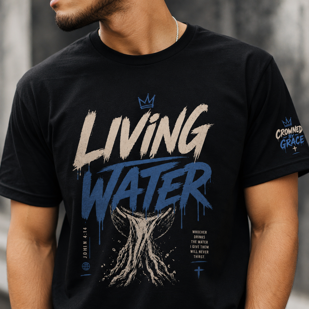 Living Water Christian Shirt | John 4:14 Bible Verse Tee | Faith Streetwear Graphic Shirt | Crowned by Grace