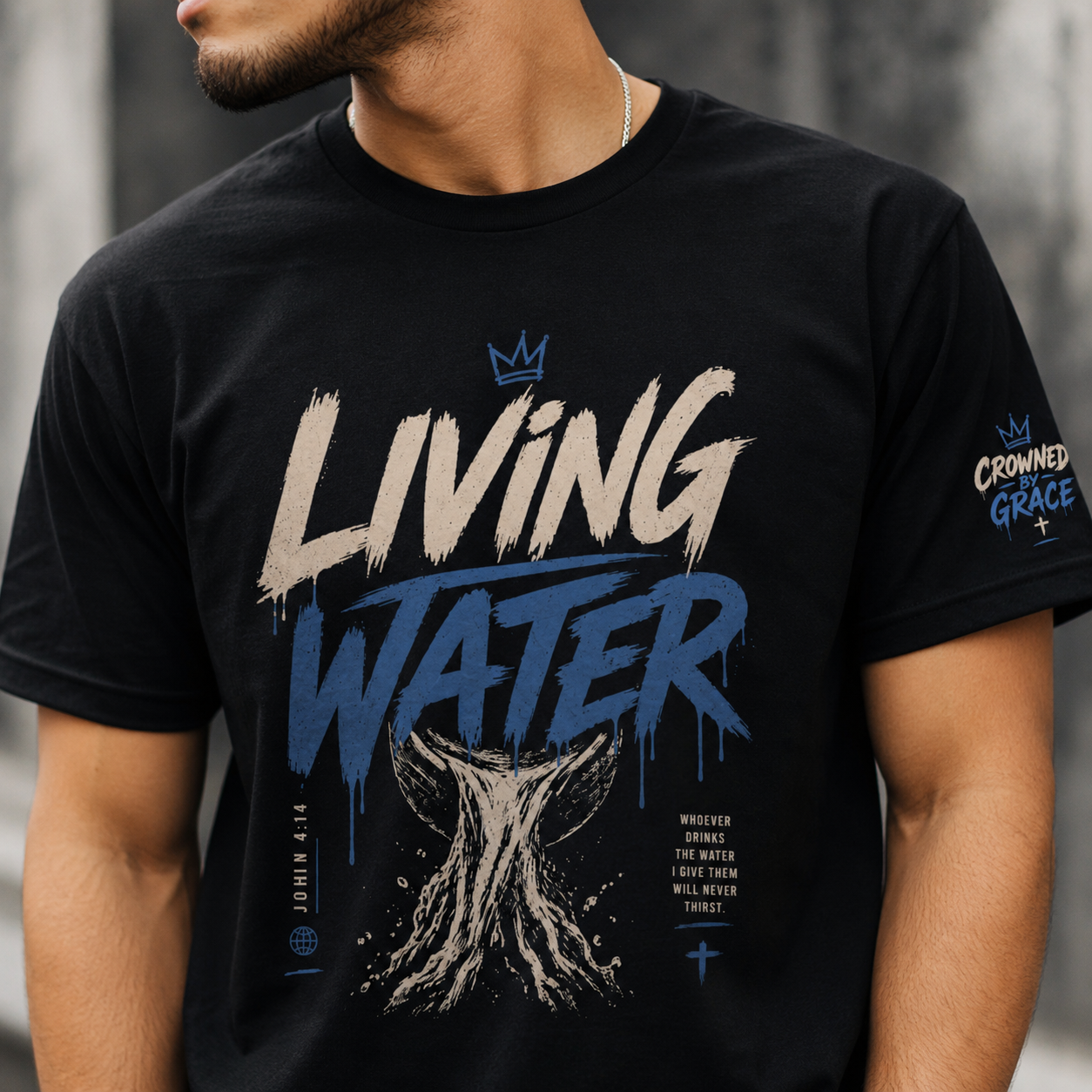 Living Water Christian Shirt | John 4:14 Bible Verse Tee | Faith Streetwear Graphic Shirt | Crowned by Grace
