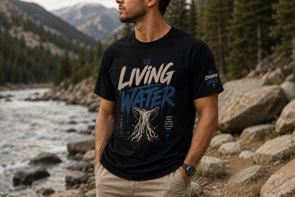 Living Water Christian Shirt | John 4:14 Bible Verse Tee | Faith Streetwear Graphic Shirt | Crowned by Grace