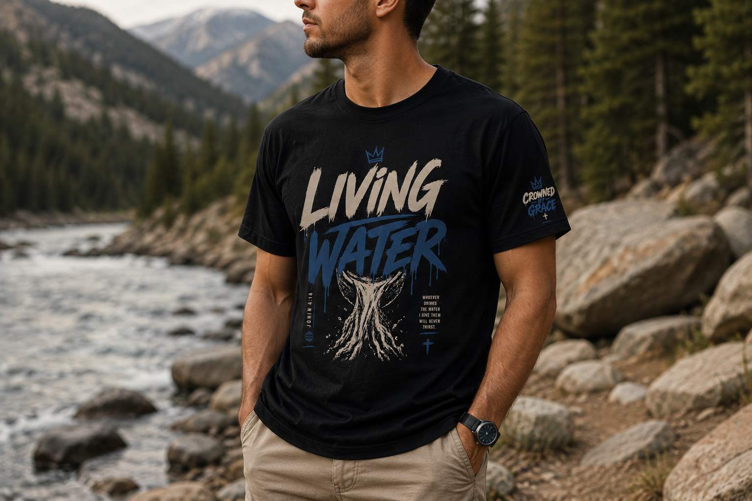 Living Water Christian Shirt | John 4:14 Bible Verse Tee | Faith Streetwear Graphic Shirt | Crowned by Grace