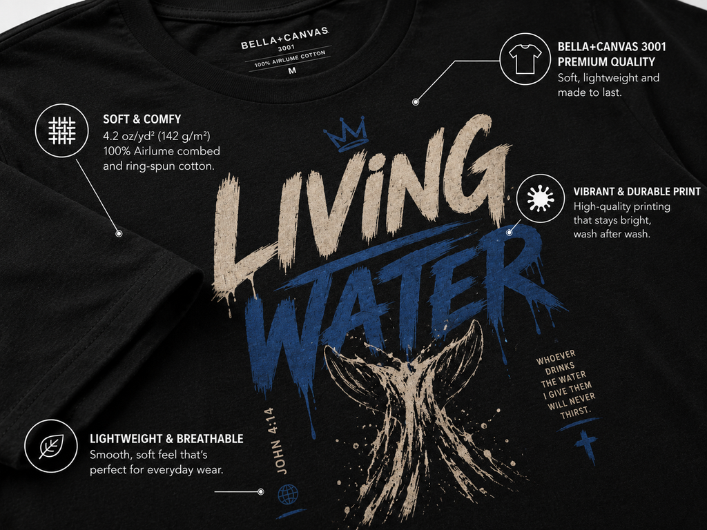 Living Water Christian Shirt | John 4:14 Bible Verse Tee | Faith Streetwear Graphic Shirt | Crowned by Grace