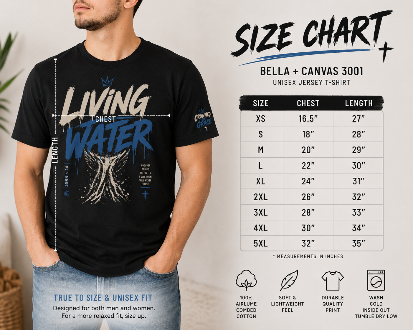 Living Water Christian Shirt | John 4:14 Bible Verse Tee | Faith Streetwear Graphic Shirt | Crowned by Grace