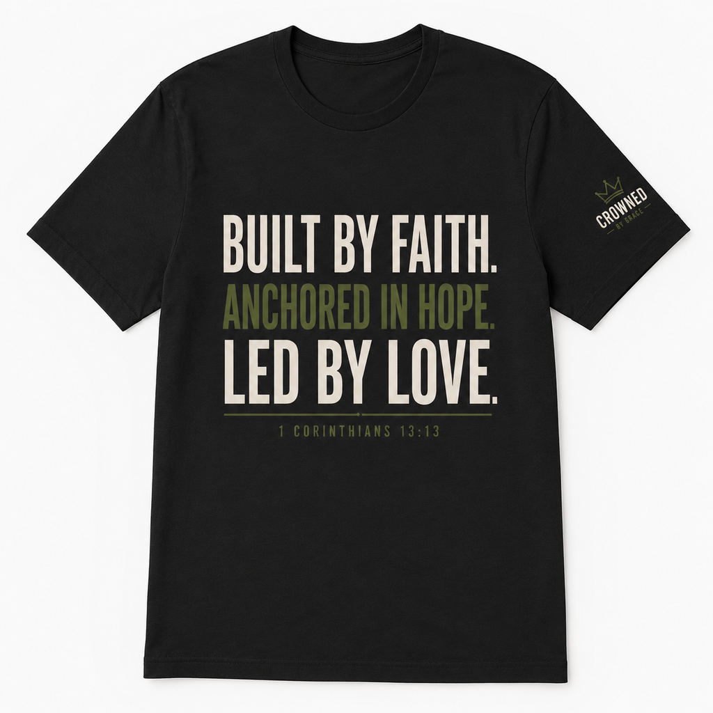 Built By Faith Anchored In Hope Led By Love Christian Shirt | 1 Corinthians 13:13 Faith Tee | Inspirational Bible Verse Graphic T-Shirt | Crowned By Grace