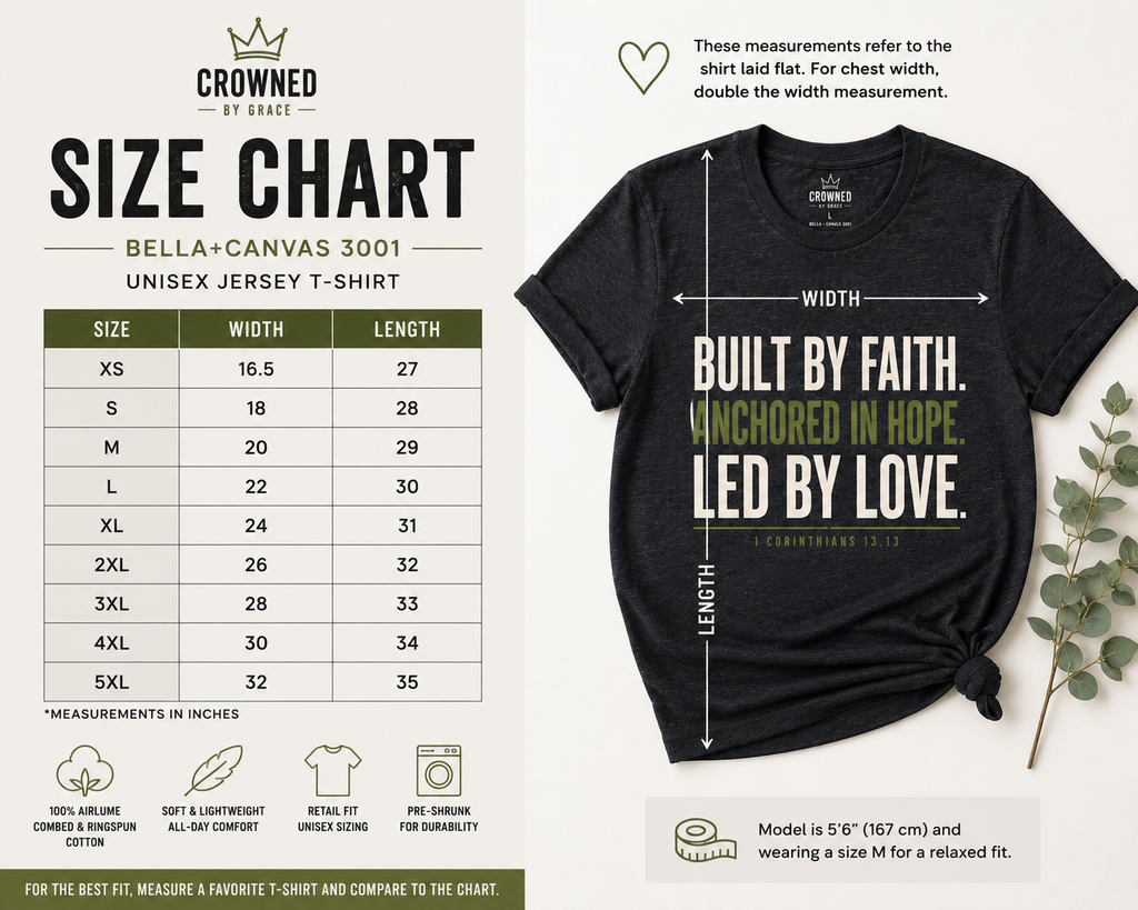 Built By Faith Anchored In Hope Led By Love Christian Shirt | 1 Corinthians 13:13 Faith Tee | Inspirational Bible Verse Graphic T-Shirt | Crowned By Grace
