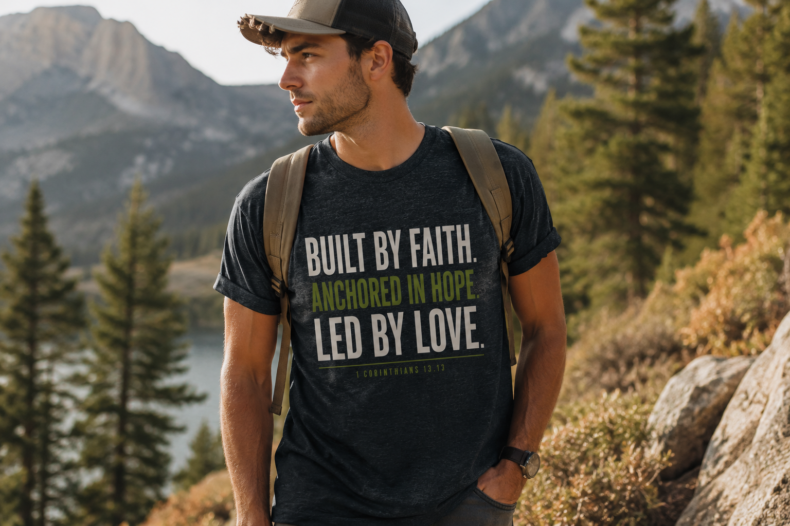 Built By Faith Anchored In Hope Led By Love Christian Shirt | 1 Corinthians 13:13 Faith Tee | Inspirational Bible Verse Graphic T-Shirt | Crowned By Grace