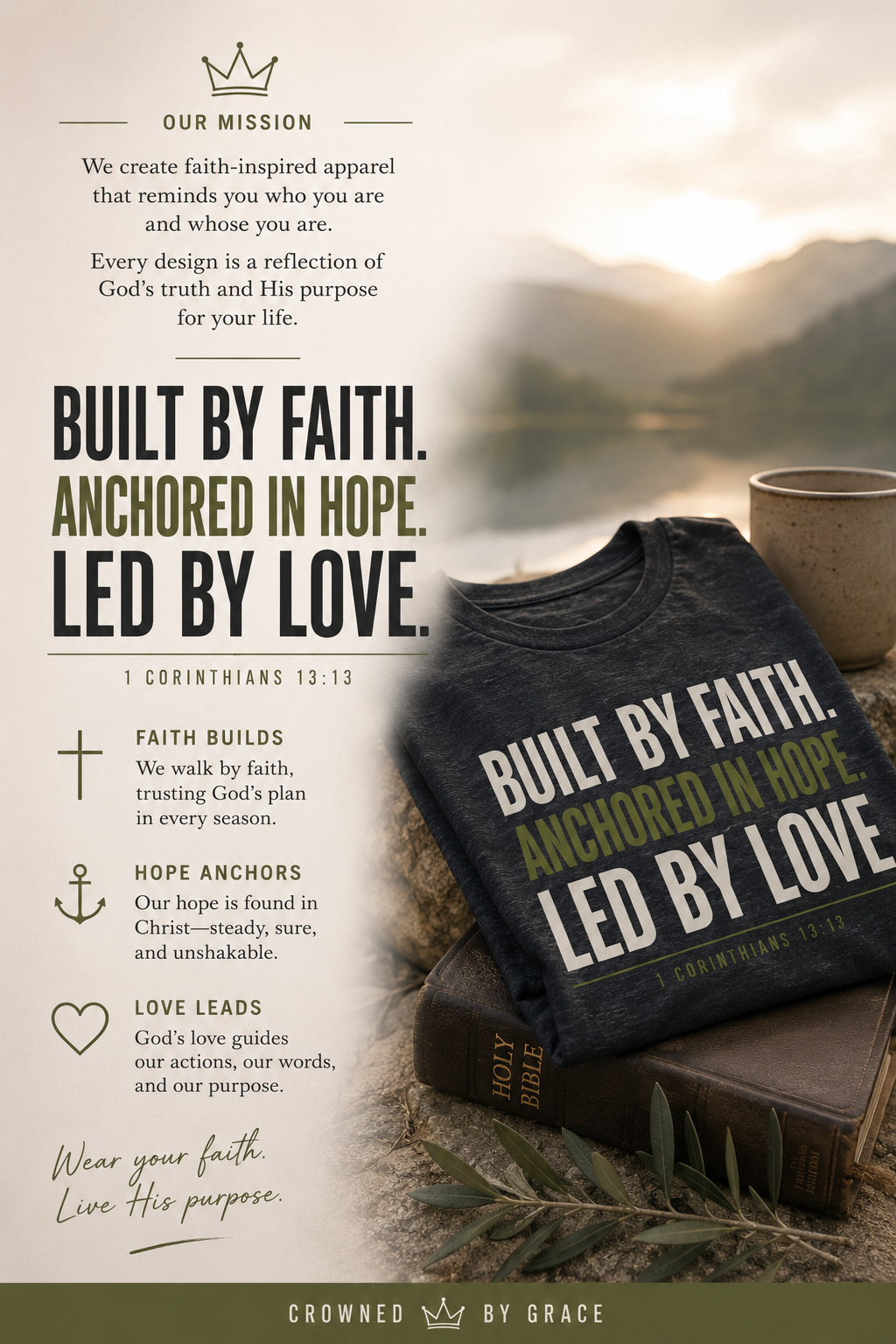 Built By Faith Anchored In Hope Led By Love Christian Shirt | 1 Corinthians 13:13 Faith Tee | Inspirational Bible Verse Graphic T-Shirt | Crowned By Grace