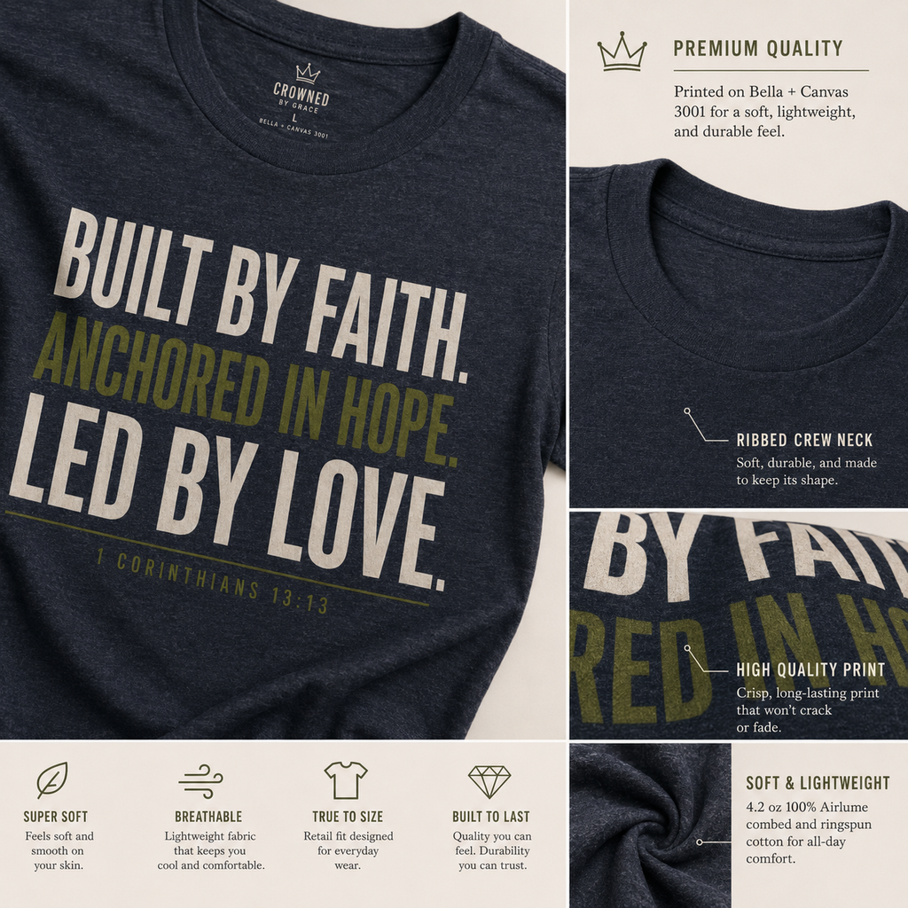 Built By Faith Anchored In Hope Led By Love Christian Shirt | 1 Corinthians 13:13 Faith Tee | Inspirational Bible Verse Graphic T-Shirt | Crowned By Grace
