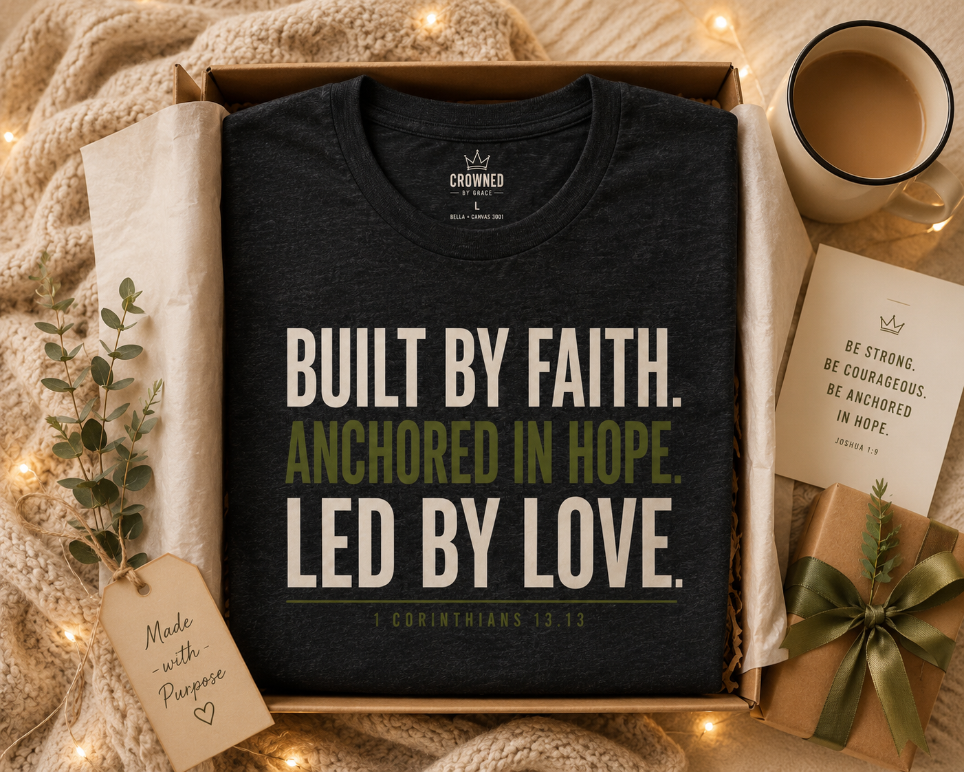 Built By Faith Anchored In Hope Led By Love Christian Shirt | 1 Corinthians 13:13 Faith Tee | Inspirational Bible Verse Graphic T-Shirt | Crowned By Grace