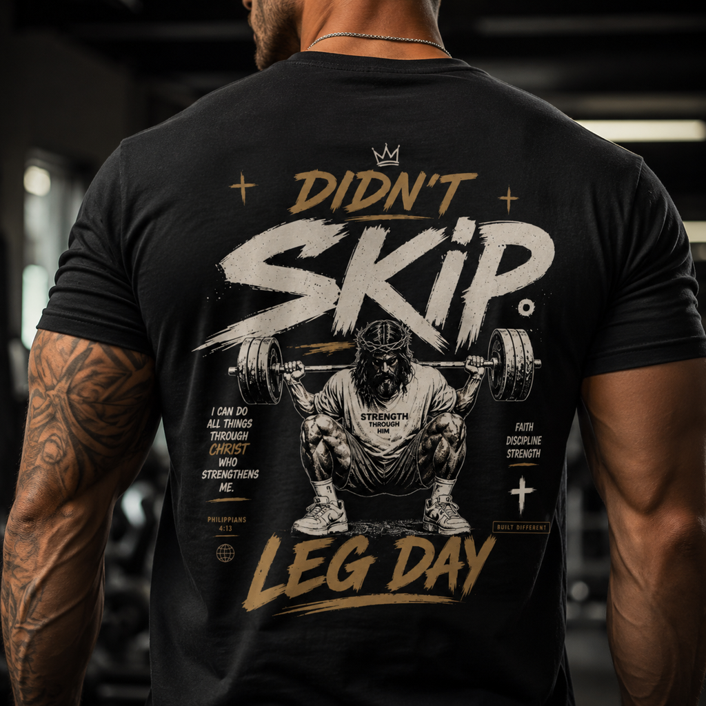 Didn’t Skip Leg Day Christian Gym Shirt | Philippians 4:13 Faith Workout Tee | Christian Fitness Apparel | Gym Motivation Shirt | Crowned By Grace