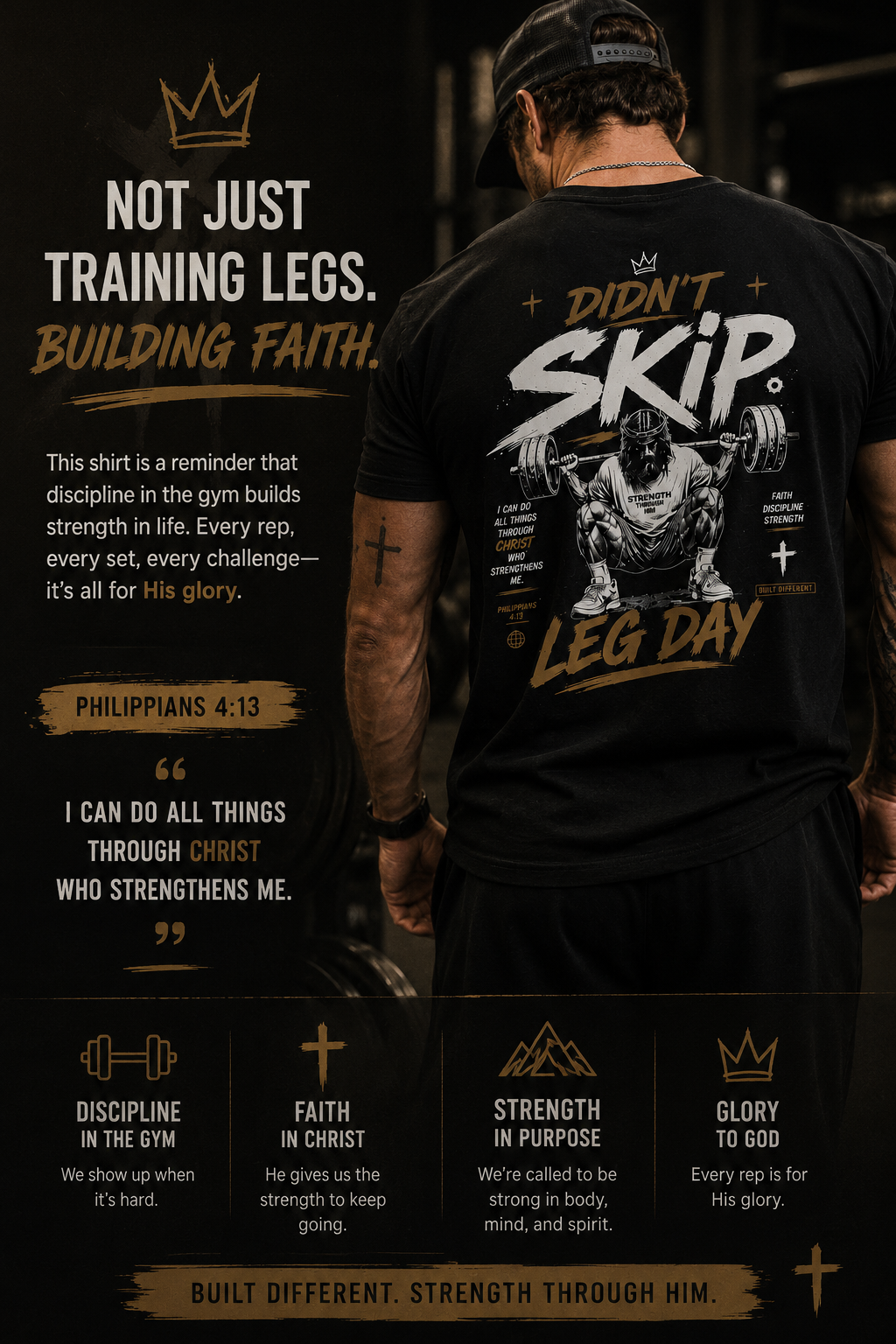 Didn’t Skip Leg Day Christian Gym Shirt | Philippians 4:13 Faith Workout Tee | Christian Fitness Apparel | Gym Motivation Shirt | Crowned By Grace