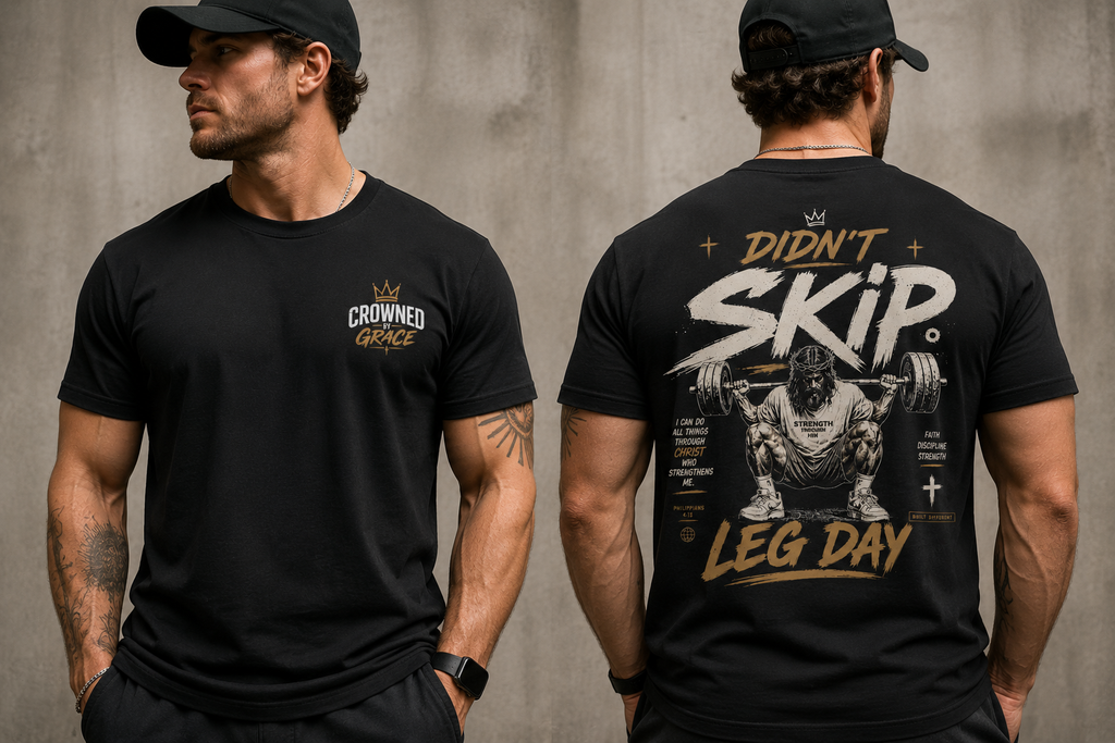 Didn’t Skip Leg Day Christian Gym Shirt | Philippians 4:13 Faith Workout Tee | Christian Fitness Apparel | Gym Motivation Shirt | Crowned By Grace