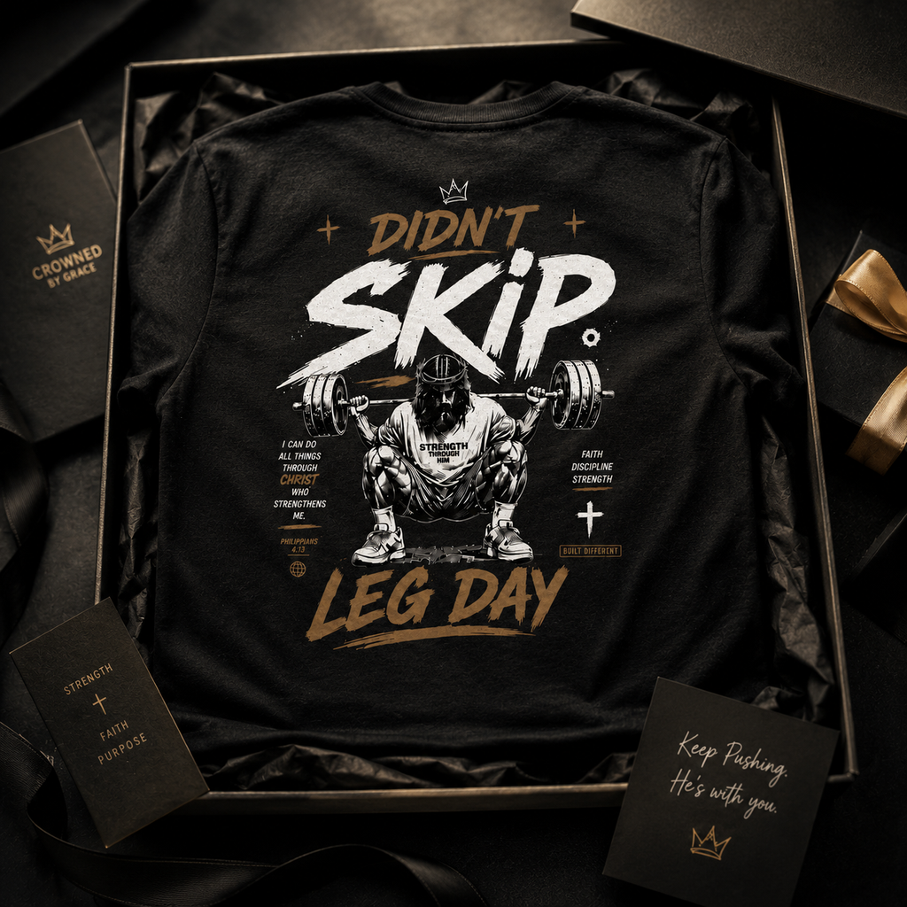 Didn’t Skip Leg Day Christian Gym Shirt | Philippians 4:13 Faith Workout Tee | Christian Fitness Apparel | Gym Motivation Shirt | Crowned By Grace