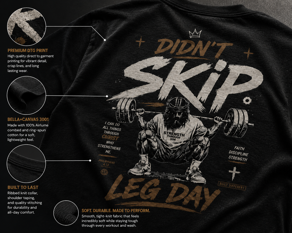 Didn’t Skip Leg Day Christian Gym Shirt | Philippians 4:13 Faith Workout Tee | Christian Fitness Apparel | Gym Motivation Shirt | Crowned By Grace