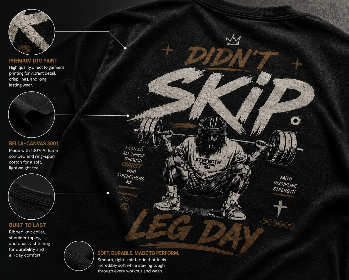 Didn’t Skip Leg Day Christian Gym Shirt | Philippians 4:13 Faith Workout Tee | Christian Fitness Apparel | Gym Motivation Shirt | Crowned By Grace