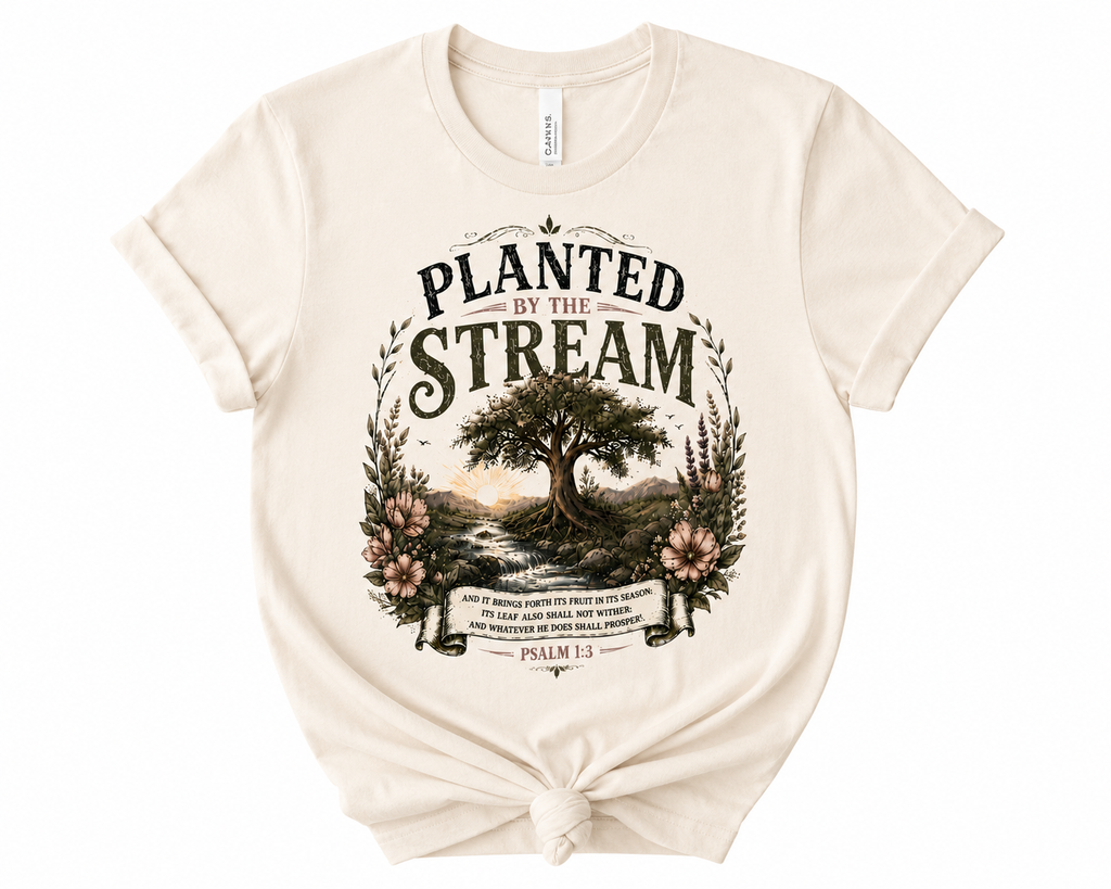 Planted By The Stream Christian T-Shirt | Psalm 1:3 Faith Tee | Vintage Botanical Christian Shirt | Bella Canvas 3001 Unisex Tee
