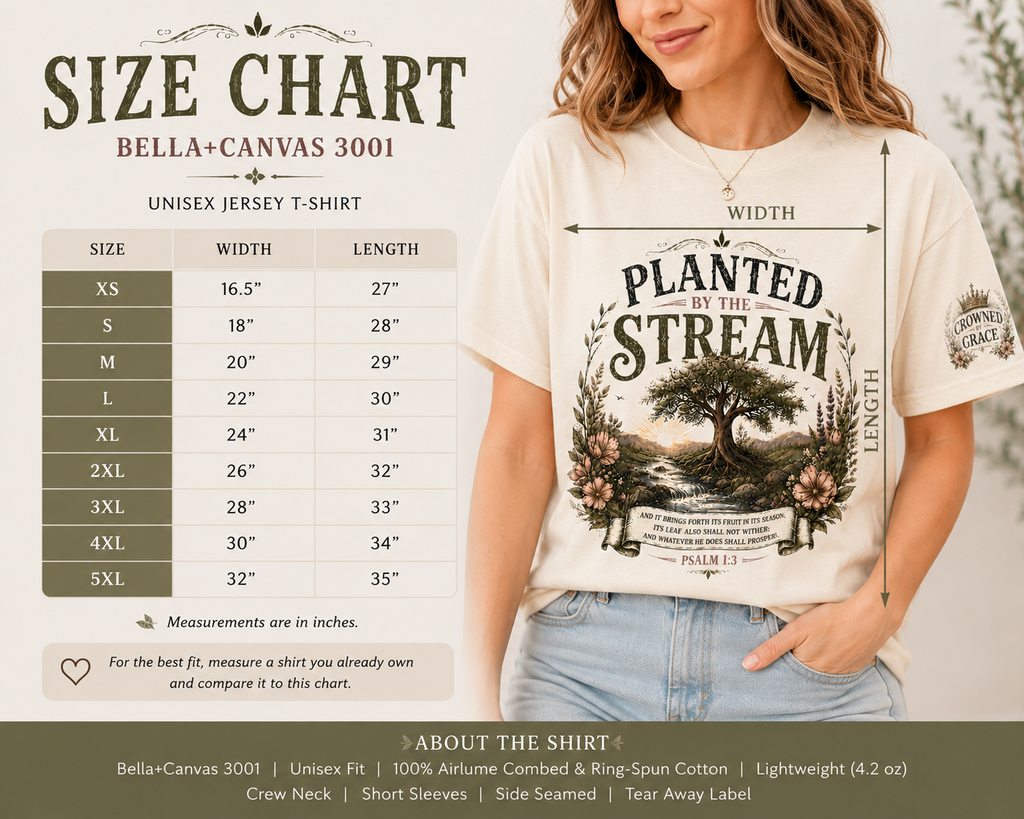 Planted By The Stream Christian T-Shirt | Psalm 1:3 Faith Tee | Vintage Botanical Christian Shirt | Bella Canvas 3001 Unisex Tee