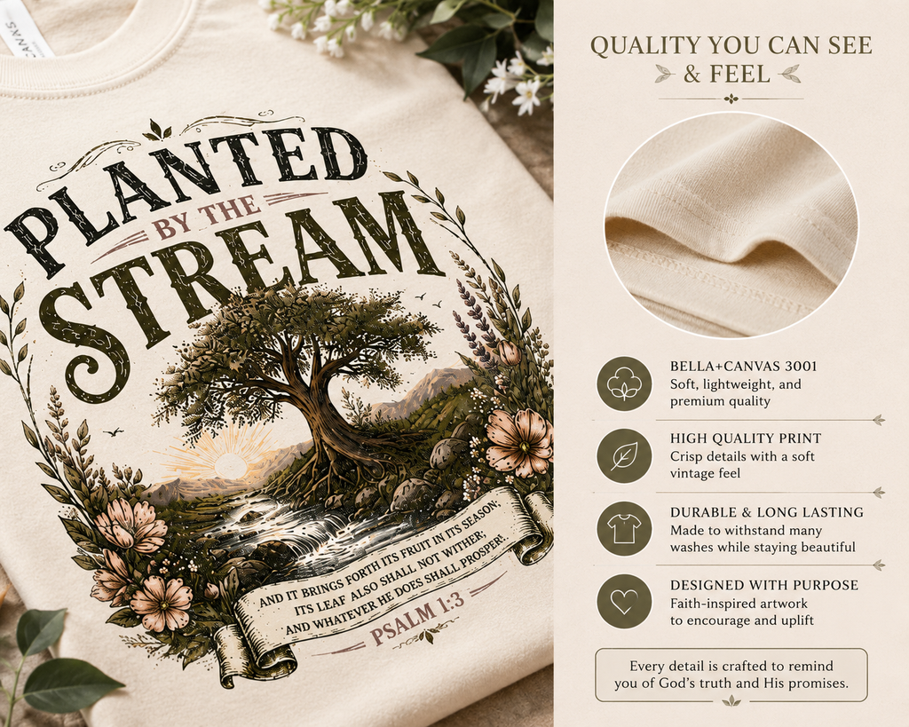 Planted By The Stream Christian T-Shirt | Psalm 1:3 Faith Tee | Vintage Botanical Christian Shirt | Bella Canvas 3001 Unisex Tee