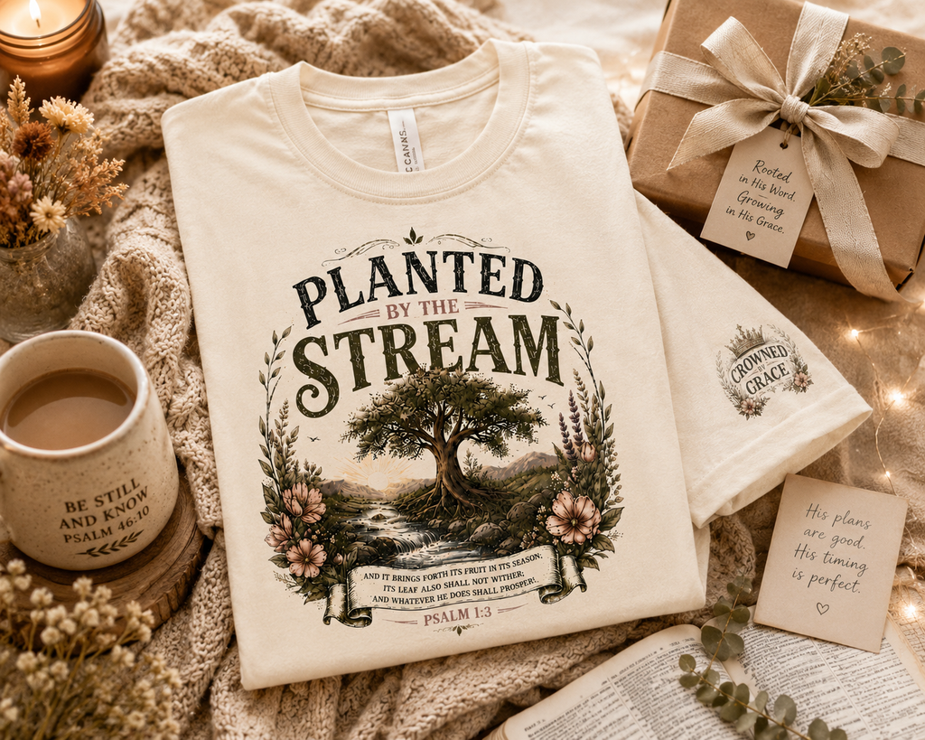 Planted By The Stream Christian T-Shirt | Psalm 1:3 Faith Tee | Vintage Botanical Christian Shirt | Bella Canvas 3001 Unisex Tee